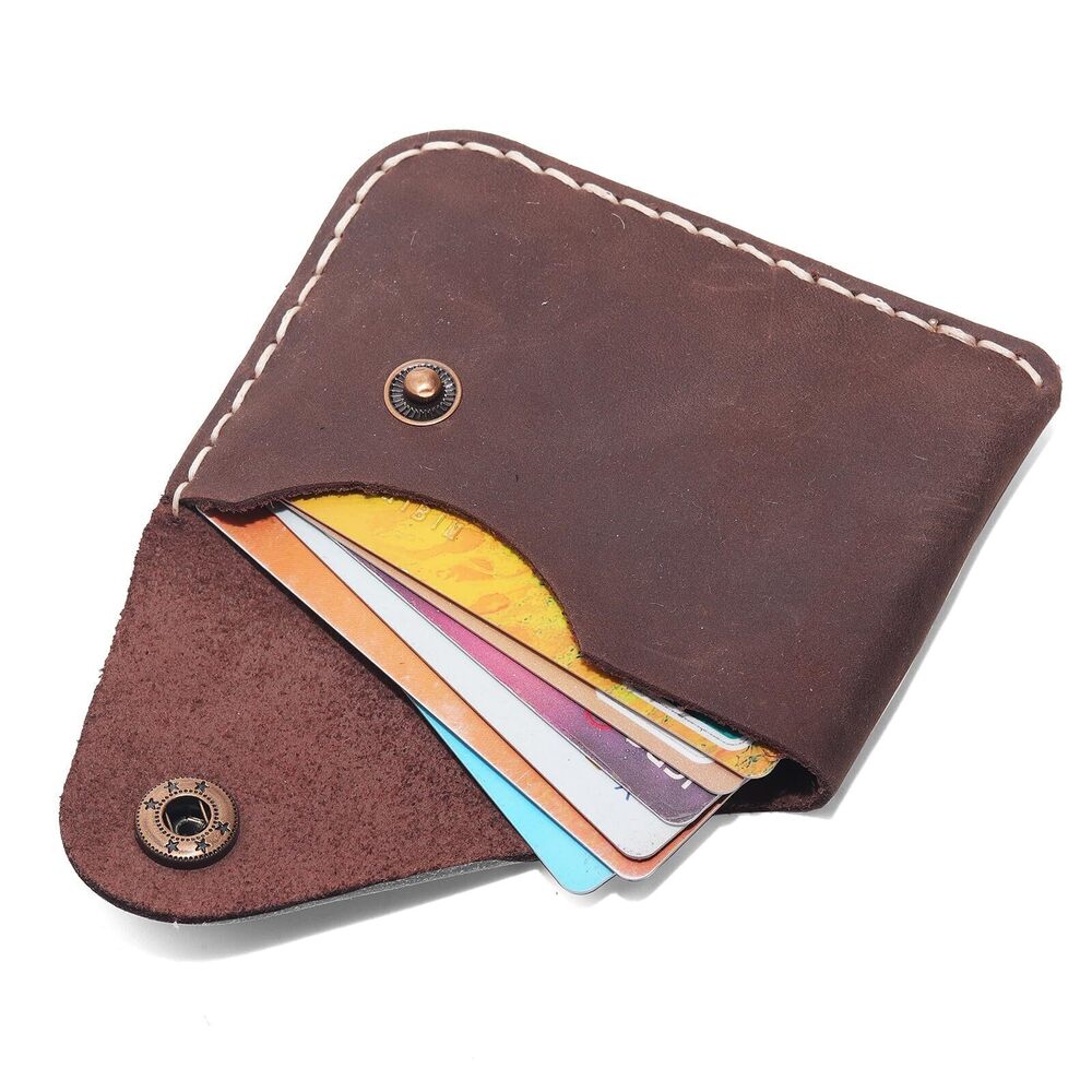 1502 Handmade Vintage Cowhide Card Wallet with Floral Embossed Snap Button